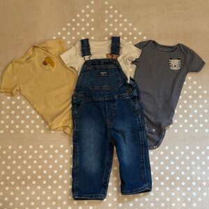 4-Piece Bundle: OshKosh B’gosh Overalls + Carter’s Safari Onesies